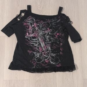Affliction Black Cold-Shoulder Camisole with Pink and Silver Cross Graphic